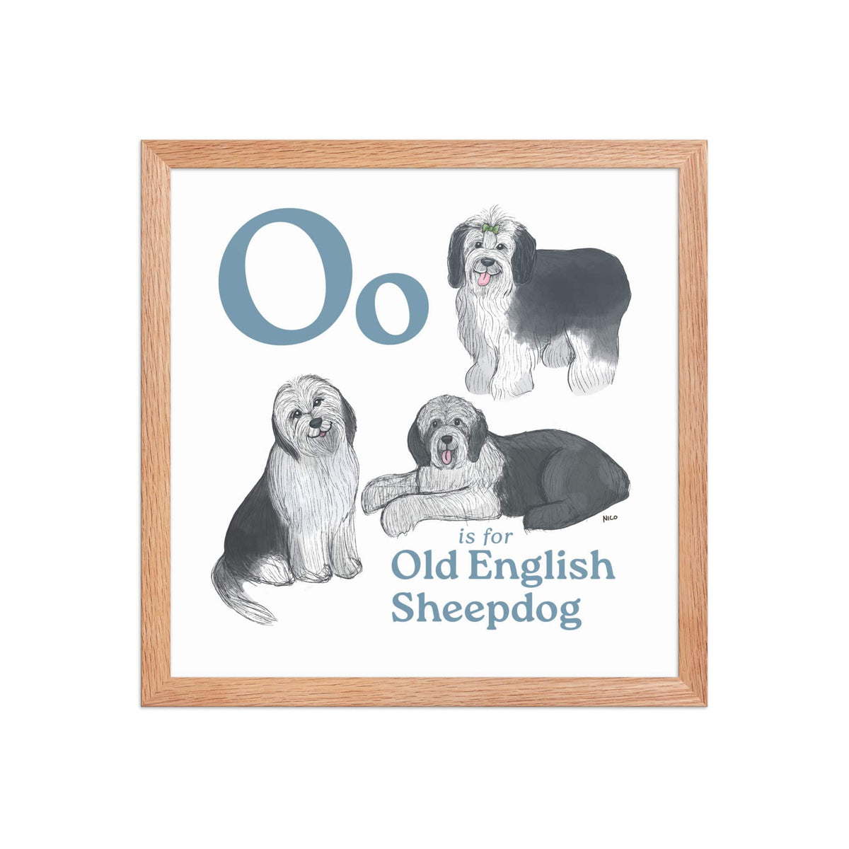 FRAMED-POSTER Red Oak / 14″×14″ O is for Old English Sheepdog Framed Print | Kids Room Art