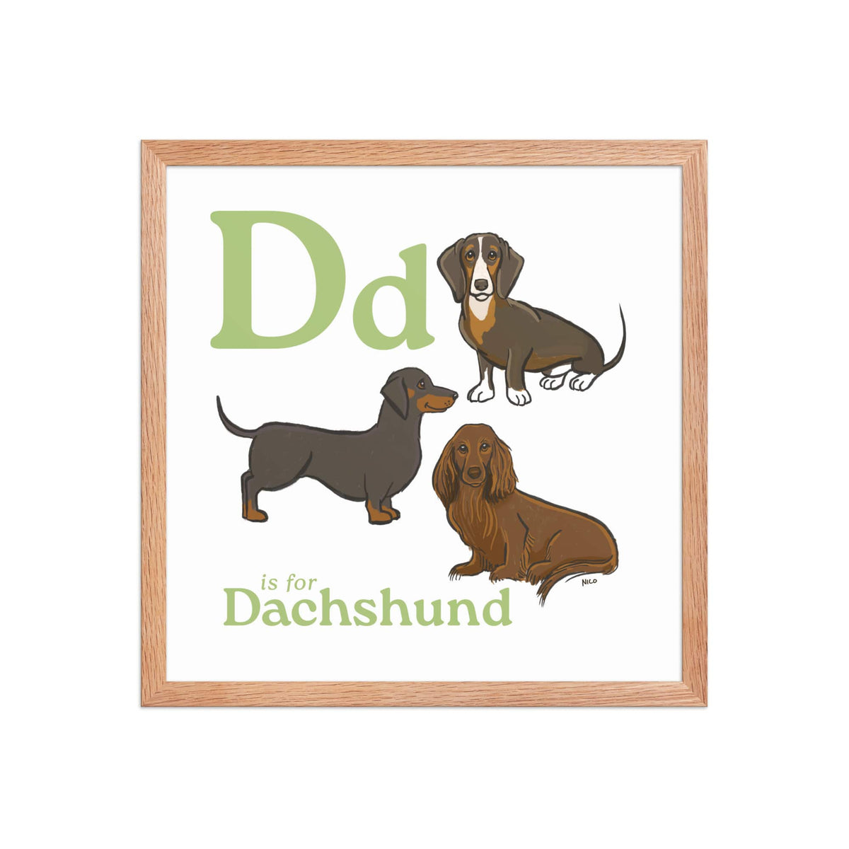 FRAMED-POSTER Red Oak / 16″×16″ D is for Dachshund | Dog Breed ABCs Framed Art Print