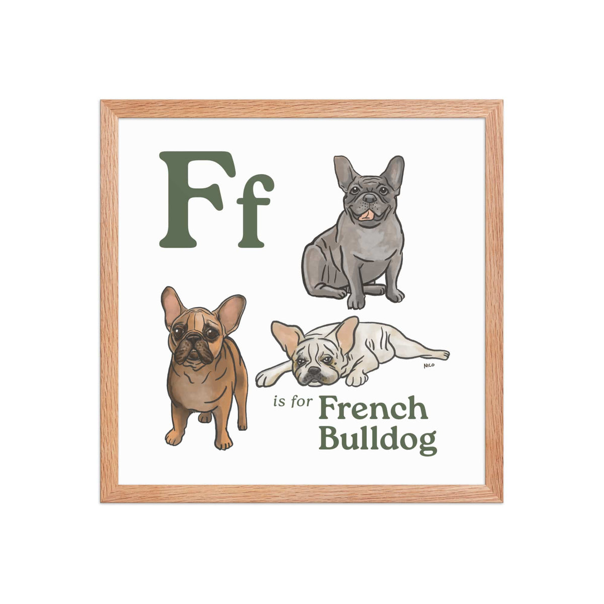 FRAMED-POSTER Red Oak / 16″×16″ F is for French Bulldog Framed Print | Kids Room Art