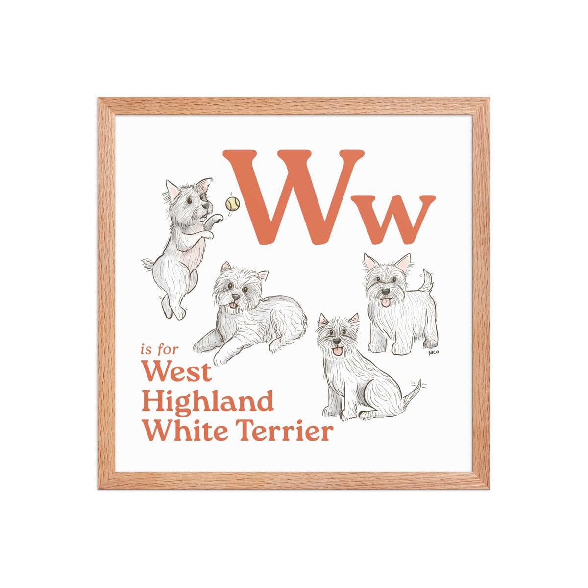 FRAMED-POSTER Red Oak / 16″×16″ W is for West Highland White Terrier Framed Art Print | Kids Room Art