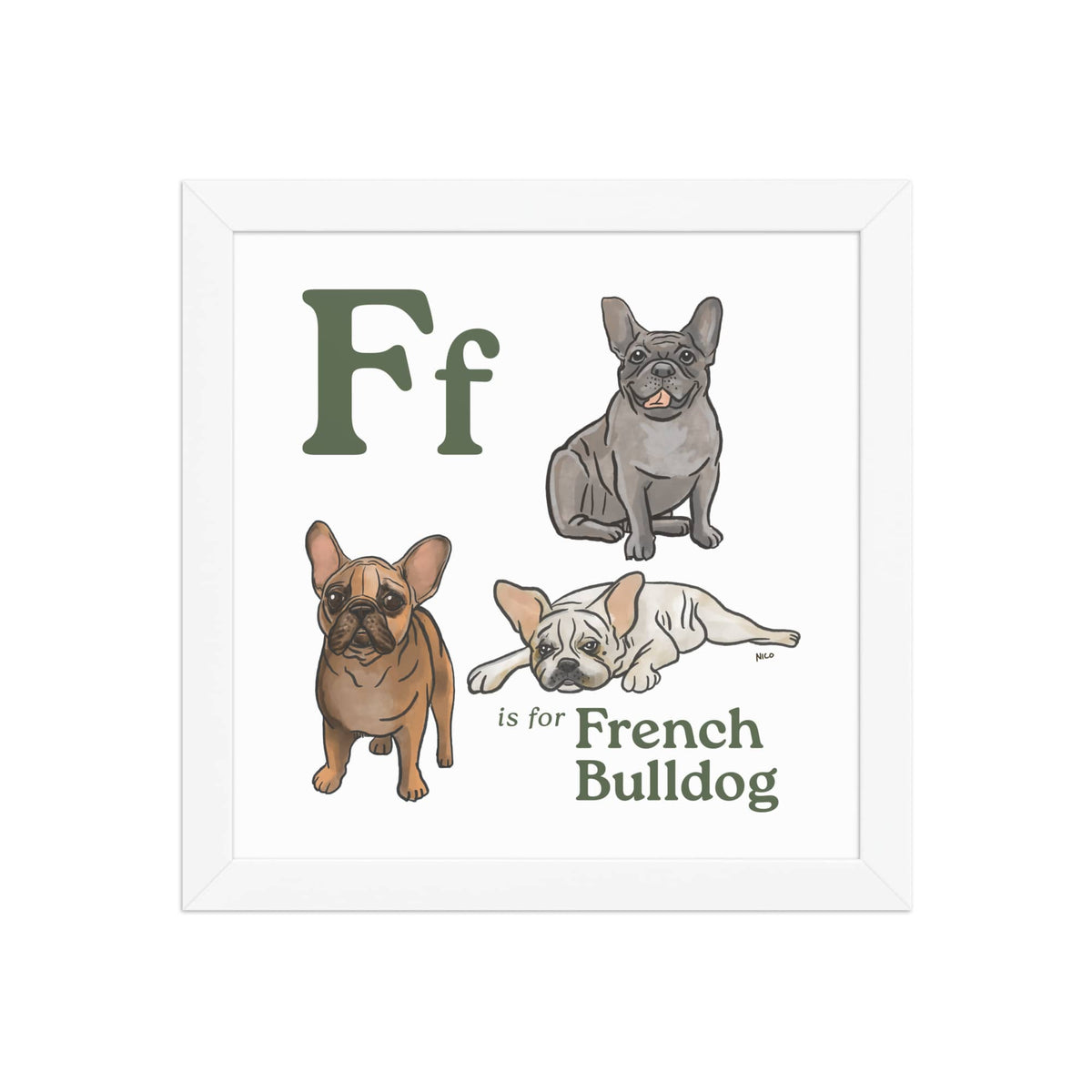 FRAMED-POSTER White / 10″×10″ F is for French Bulldog Framed Print | Kids Room Art