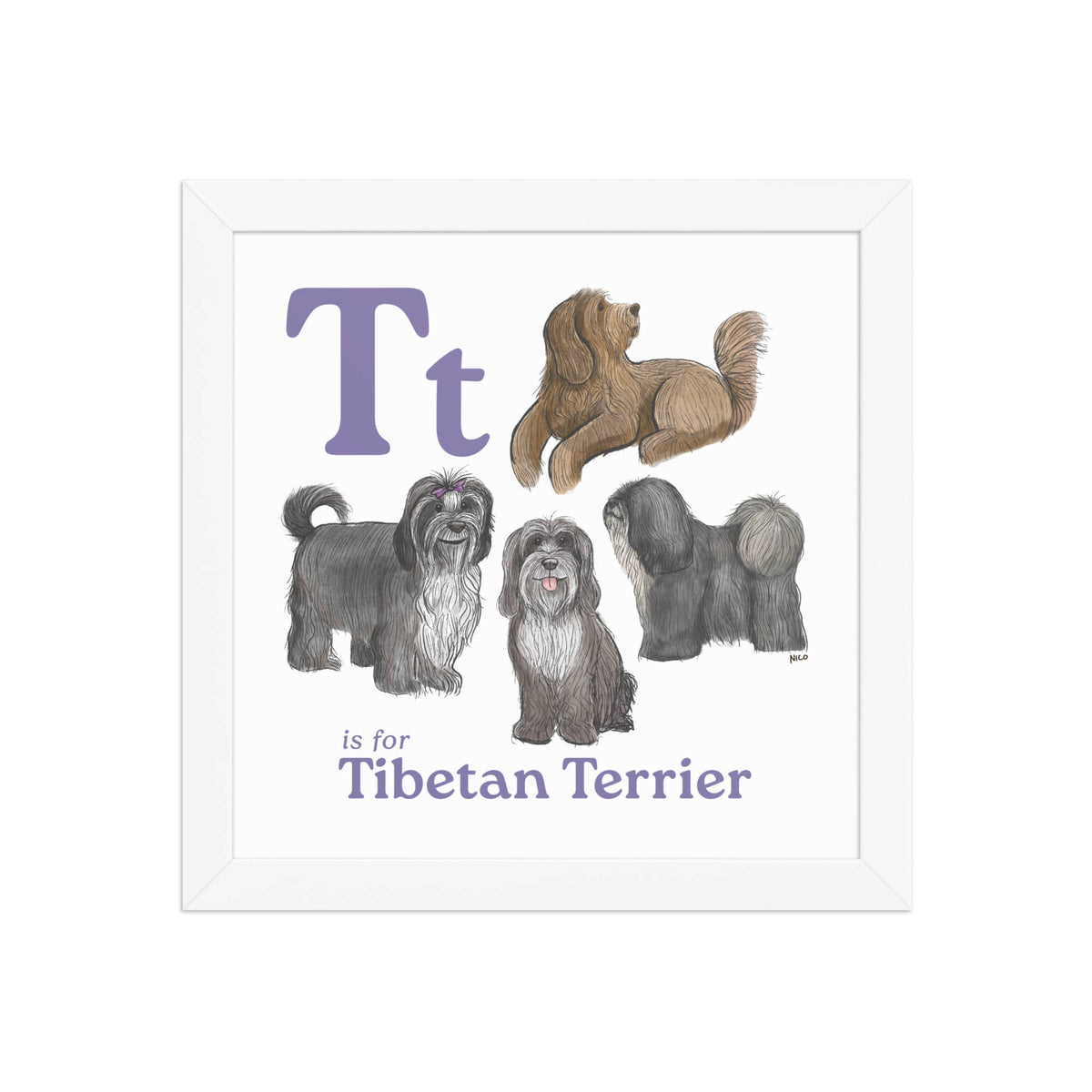 FRAMED-POSTER White / 10″×10″ T is for Tibetan Terrier Framed Print | Kids Room Art
