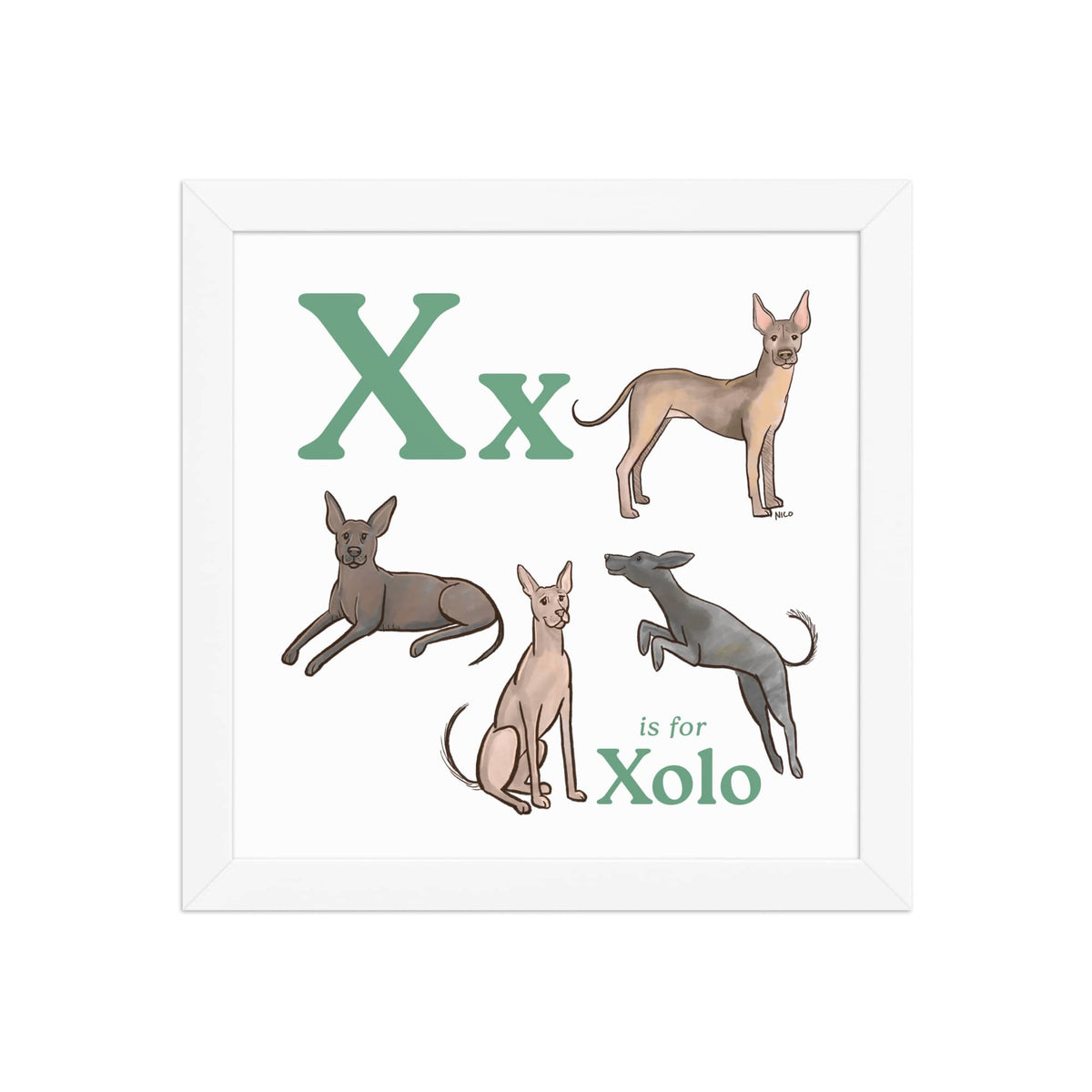 FRAMED-POSTER White / 10″×10″ X is for Xolo Framed Art Print | Kids Room Art