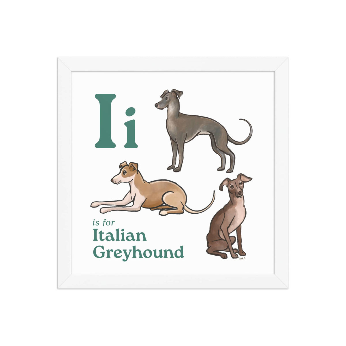 FRAMED-POSTER White / 12″×12″ I is for Italian Greyhound Framed Print | Kids Room Art