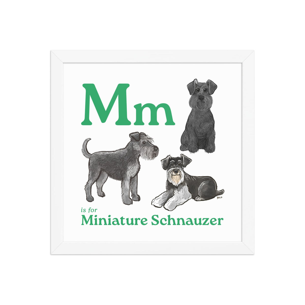 FRAMED-POSTER White / 12″×12″ M is for Miniature Schnauzer Framed Print | Kids Room Art