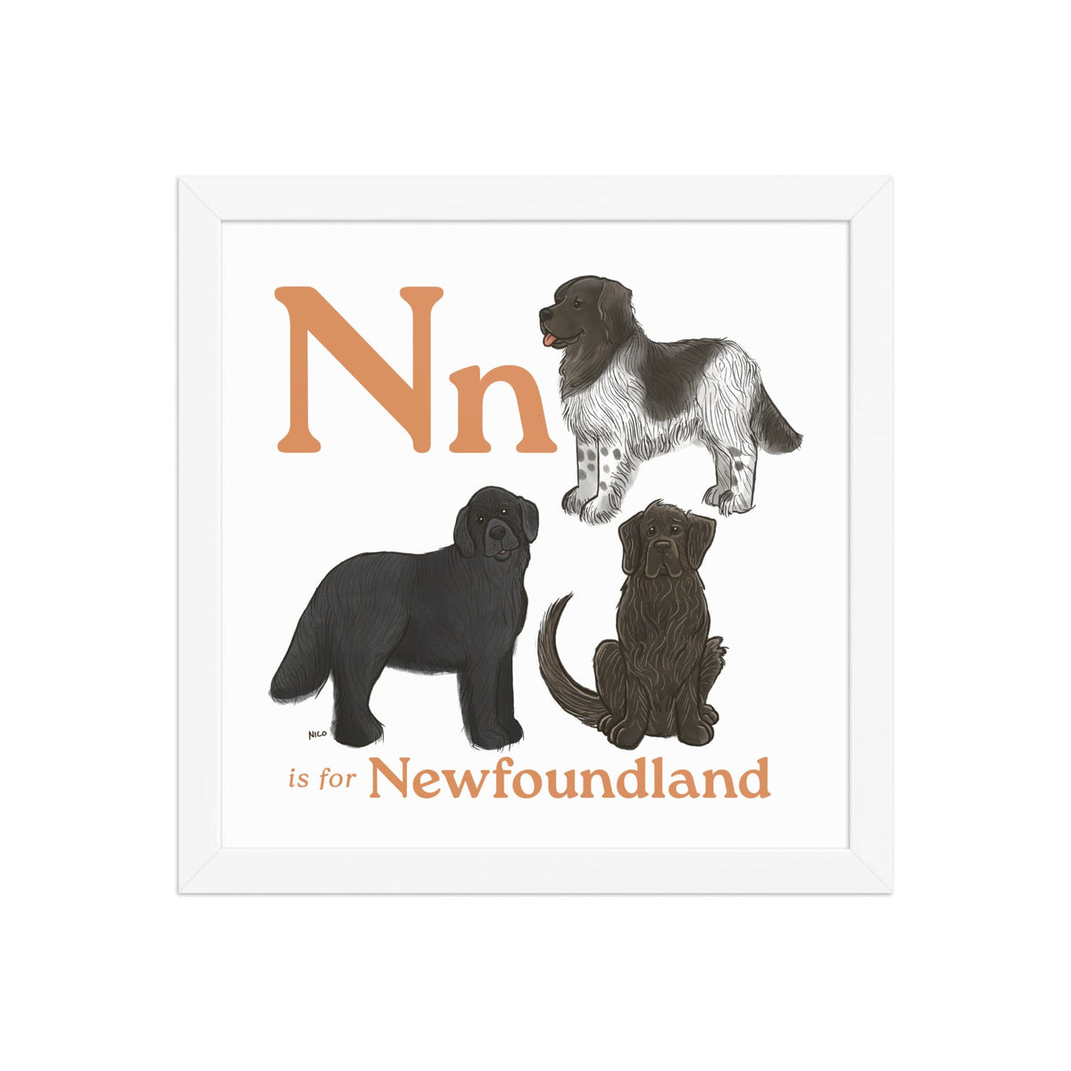 FRAMED-POSTER White / 12″×12″ N is for Newfoundland Framed Print | Kids Room Art