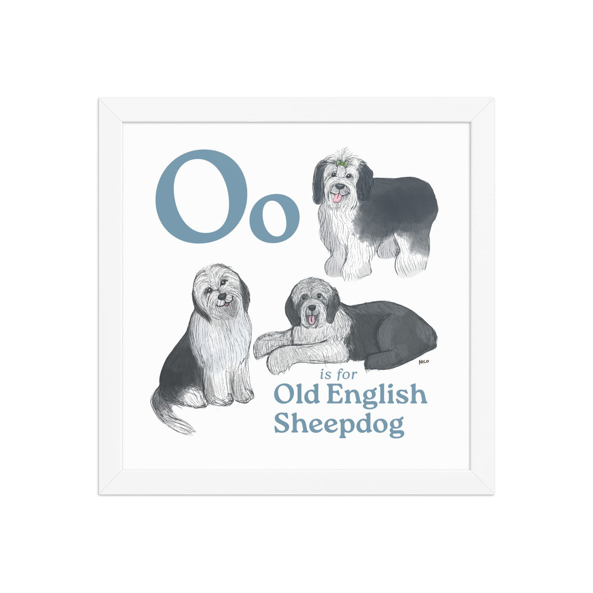 FRAMED-POSTER White / 12″×12″ O is for Old English Sheepdog Framed Print | Kids Room Art