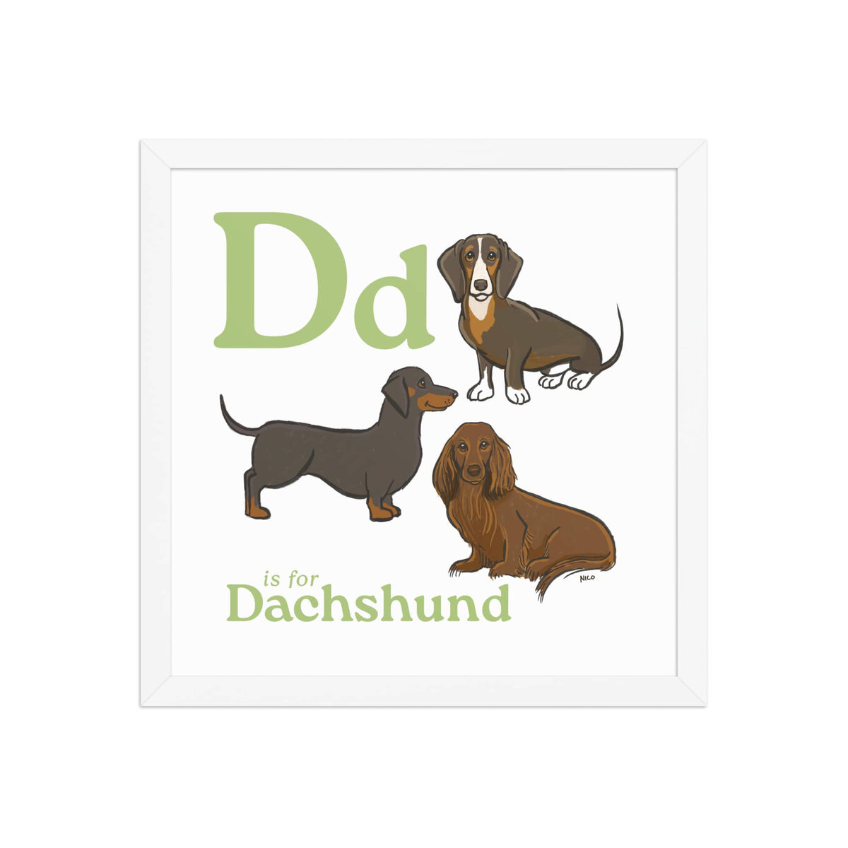 FRAMED-POSTER White / 14″×14″ D is for Dachshund | Dog Breed ABCs Framed Art Print