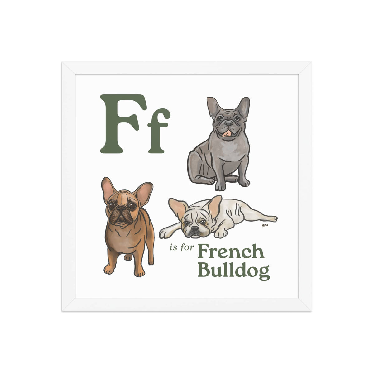 FRAMED-POSTER White / 14″×14″ F is for French Bulldog Framed Print | Kids Room Art