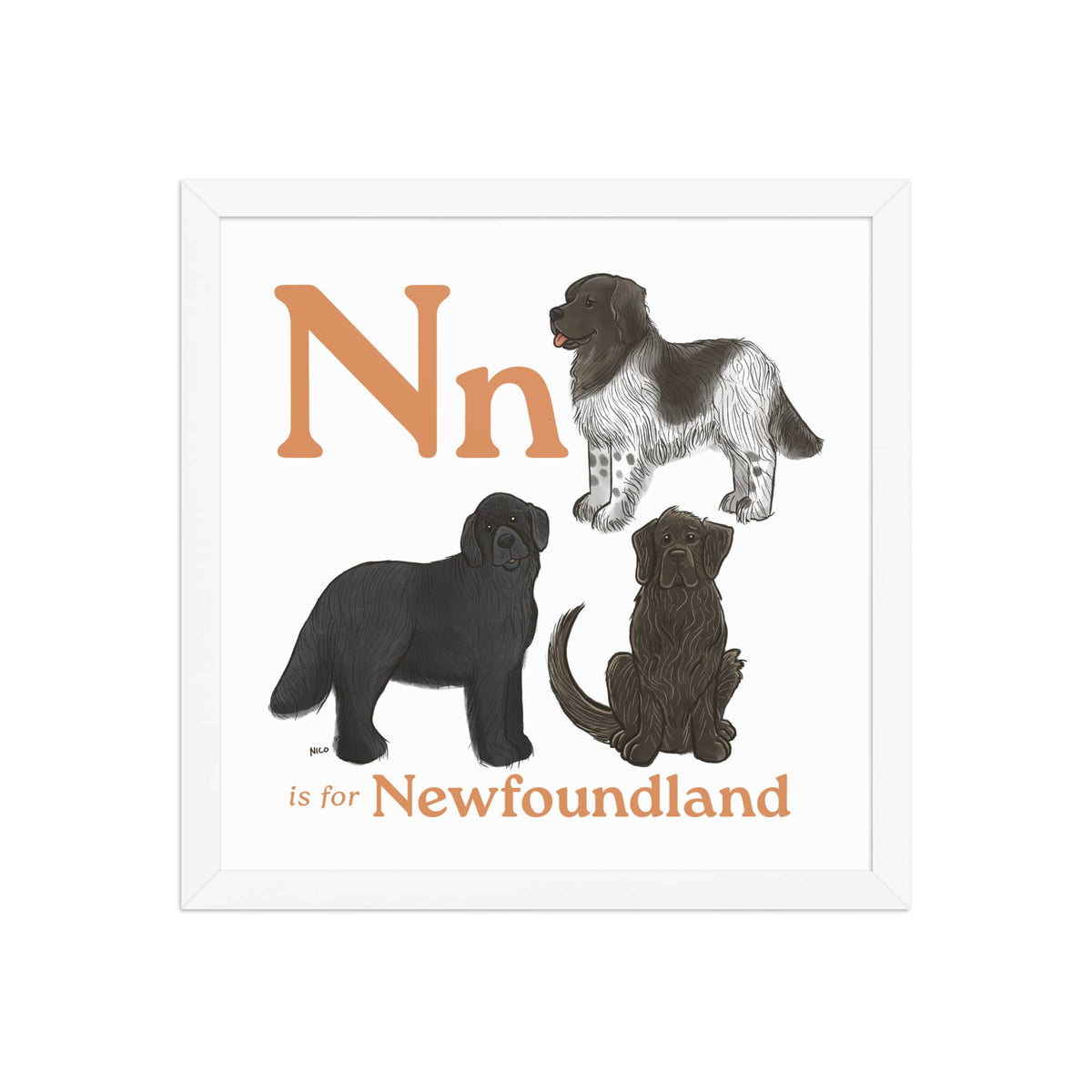 FRAMED-POSTER White / 14″×14″ N is for Newfoundland Framed Print | Kids Room Art