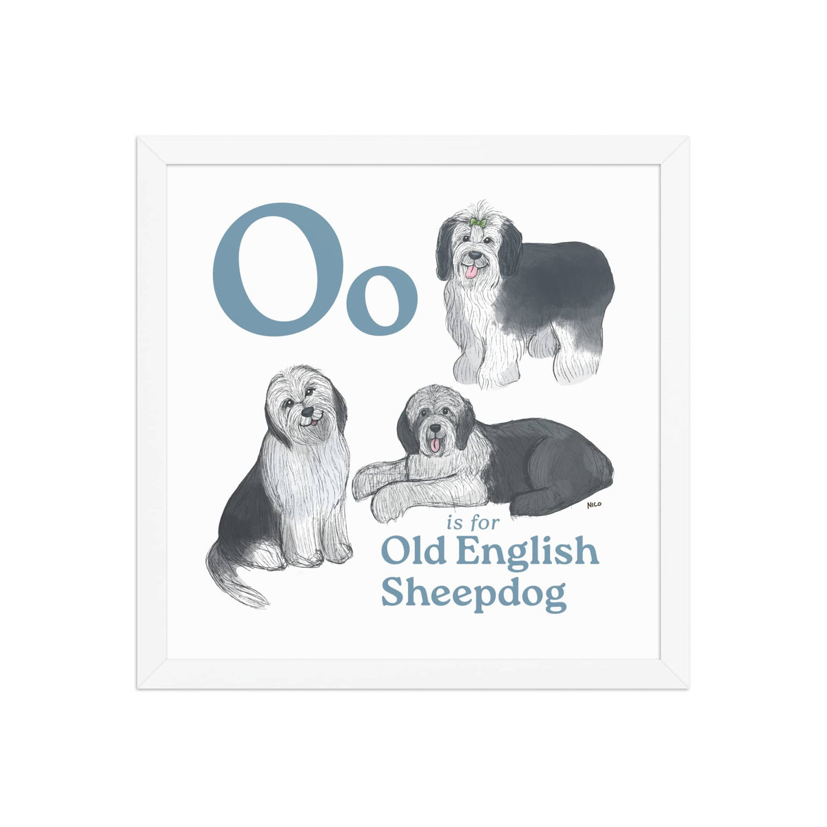 FRAMED-POSTER White / 14″×14″ O is for Old English Sheepdog Framed Print | Kids Room Art