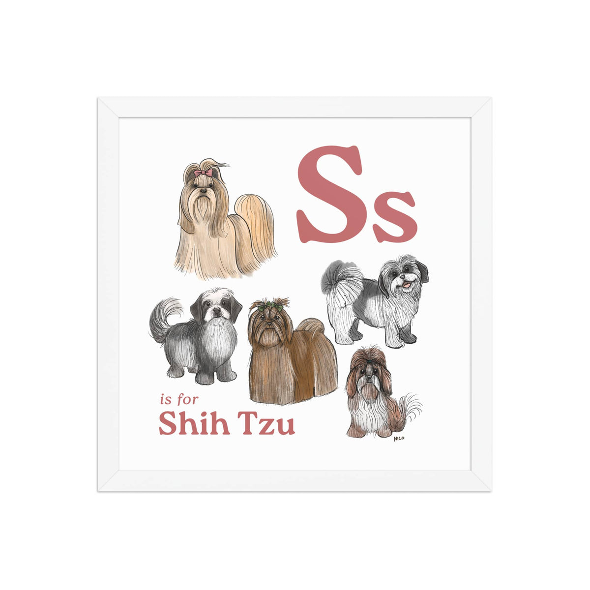 FRAMED-POSTER White / 14″×14″ S is for Shih Tzu Framed Print | Kids Room Art