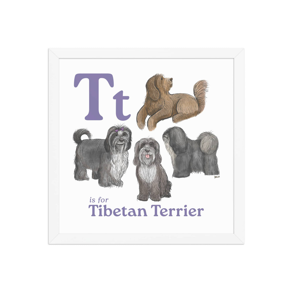 FRAMED-POSTER White / 14″×14″ T is for Tibetan Terrier Framed Print | Kids Room Art