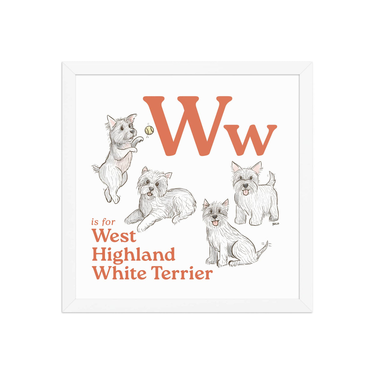 FRAMED-POSTER White / 14″×14″ W is for West Highland White Terrier Framed Art Print | Kids Room Art
