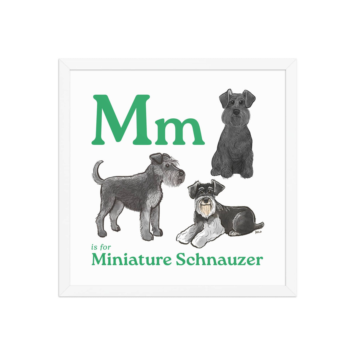 FRAMED-POSTER White / 16″×16″ M is for Miniature Schnauzer Framed Print | Kids Room Art