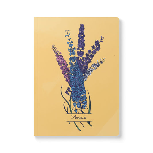 Paper products 100 pages (50 sheets) / Ruled line / 5.75" x 8" Larkspur Flower Journal - July Birth flower - Personalizable Softcover Journal