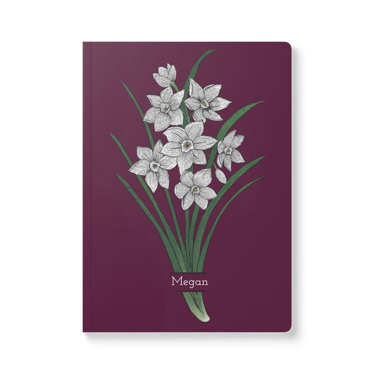 Paper products 100 pages (50 sheets) / Ruled line / 5.75" x 8" Paperwhite Flower Journal - December Birth flower - Personalizable Softcover Journal