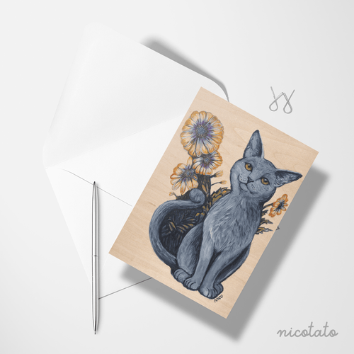 Paper products Cat with African Daisies Greeting Card - Blank inside