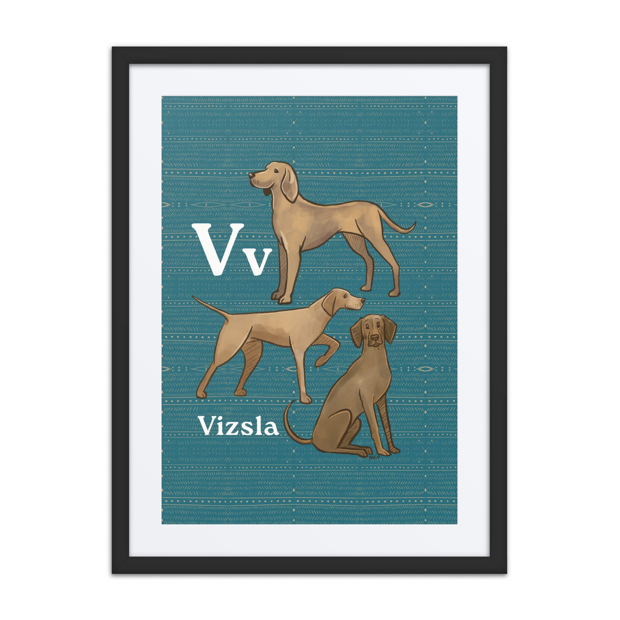 Print Material Black / 18″×24″ V is for Vizsla - Framed Dog Alphabet Print for Kids Room