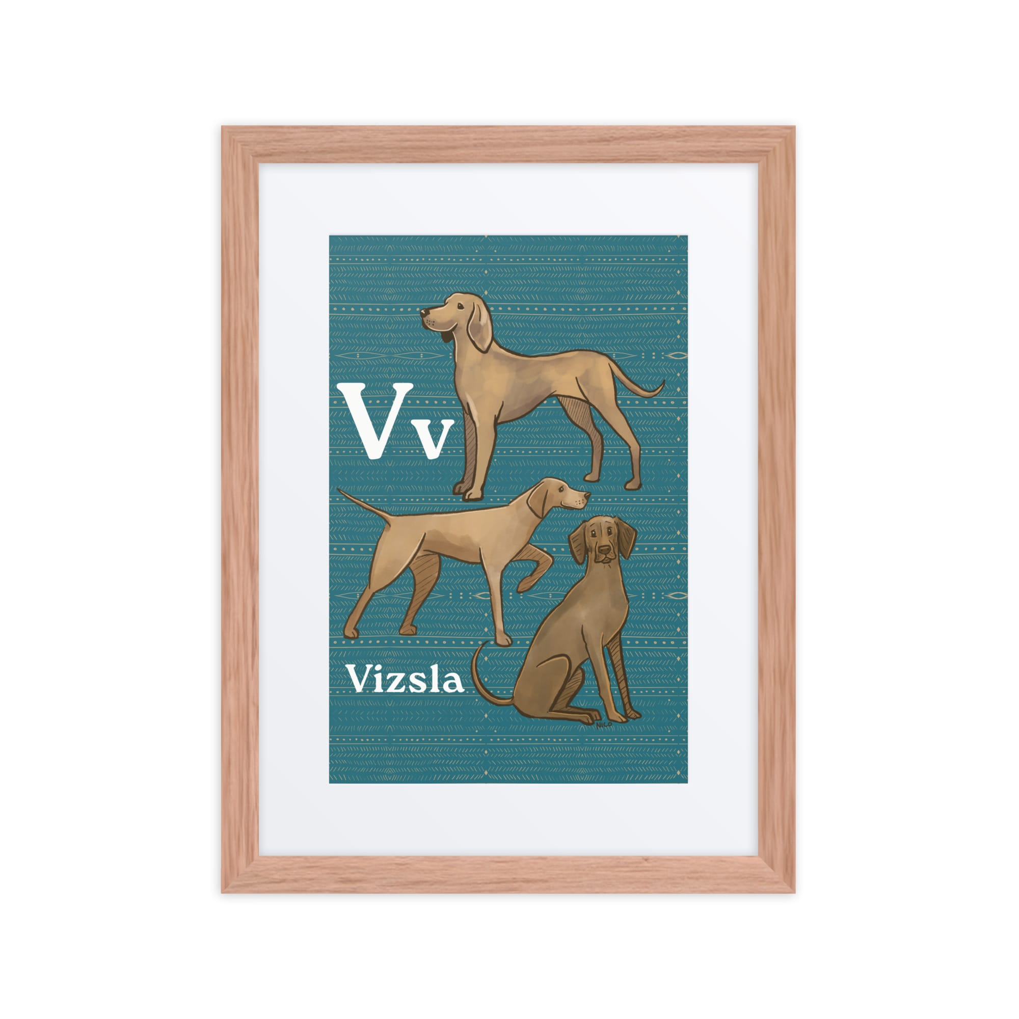 Print Material Red Oak / 12″×16″ V is for Vizsla - Framed Dog Alphabet Print for Kids Room