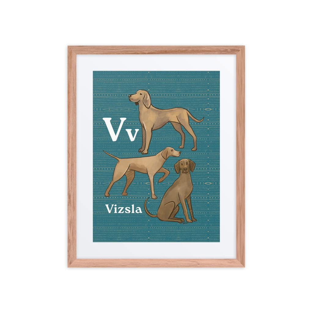Print Material Red Oak / 16″×20″ V is for Vizsla - Framed Dog Alphabet Print for Kids Room