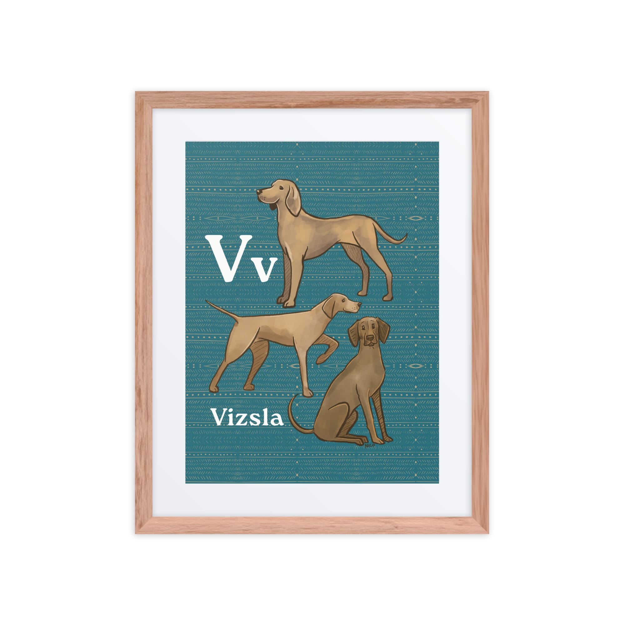 Print Material Red Oak / 16″×20″ V is for Vizsla - Framed Dog Alphabet Print for Kids Room