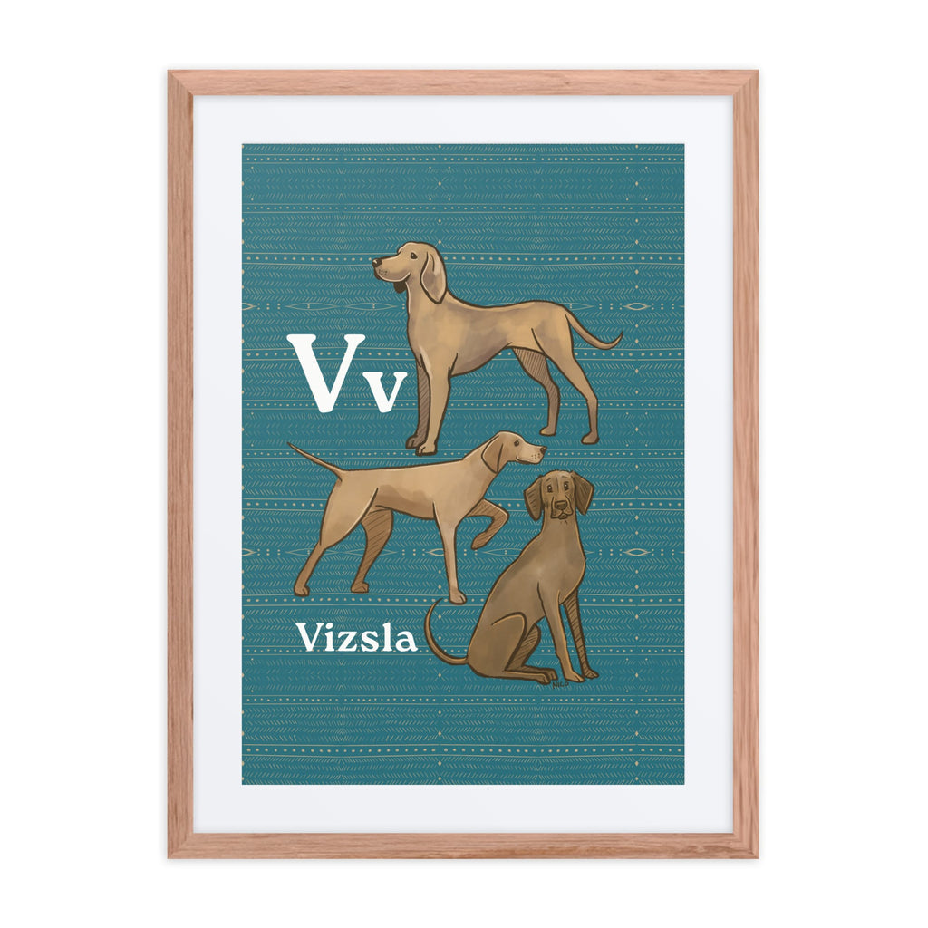 Print Material Red Oak / 18″×24″ V is for Vizsla - Framed Dog Alphabet Print for Kids Room