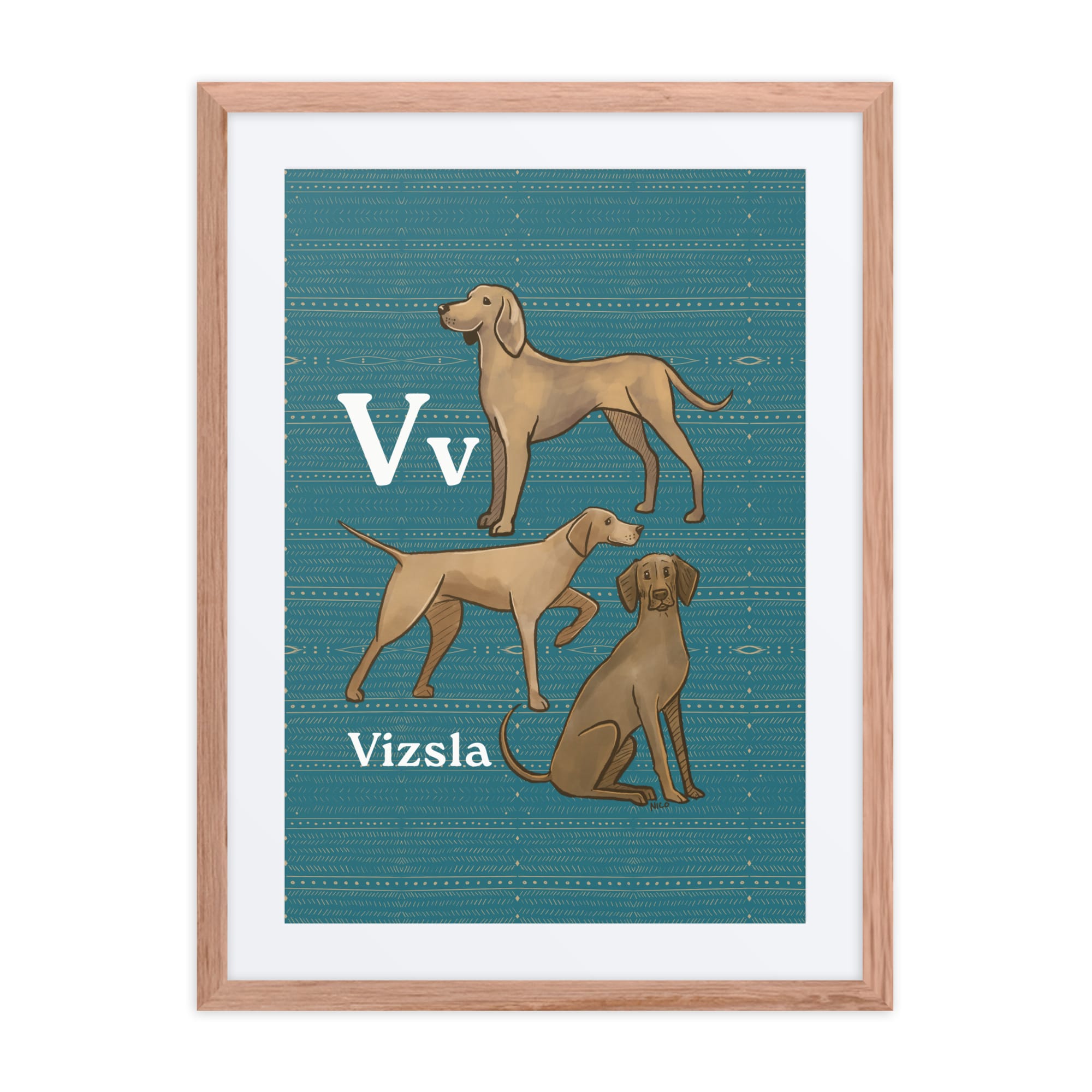 Print Material Red Oak / 18″×24″ V is for Vizsla - Framed Dog Alphabet Print for Kids Room