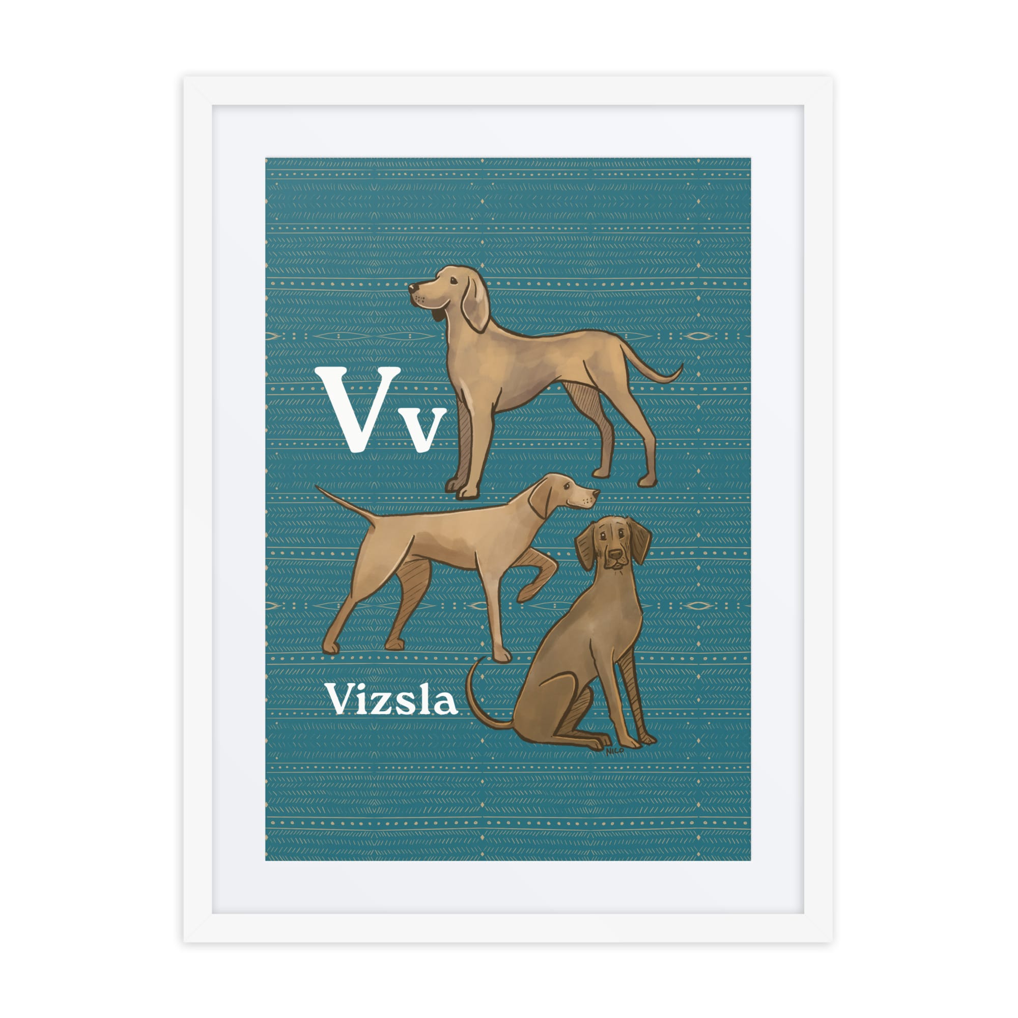 Print Material White / 18″×24″ V is for Vizsla - Framed Dog Alphabet Print for Kids Room