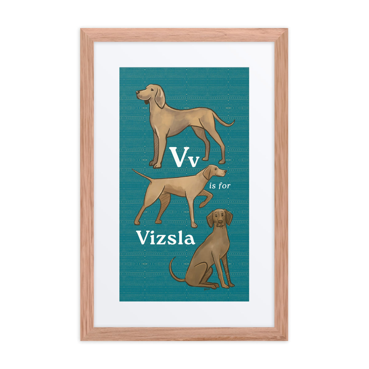 Red Oak V is for Vizsla - Framed Dog Alphabet Print for Kids Room
