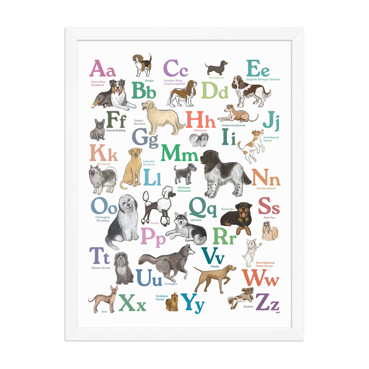 White / 18″×24″ Dog Breed ABCs Framed Art Print