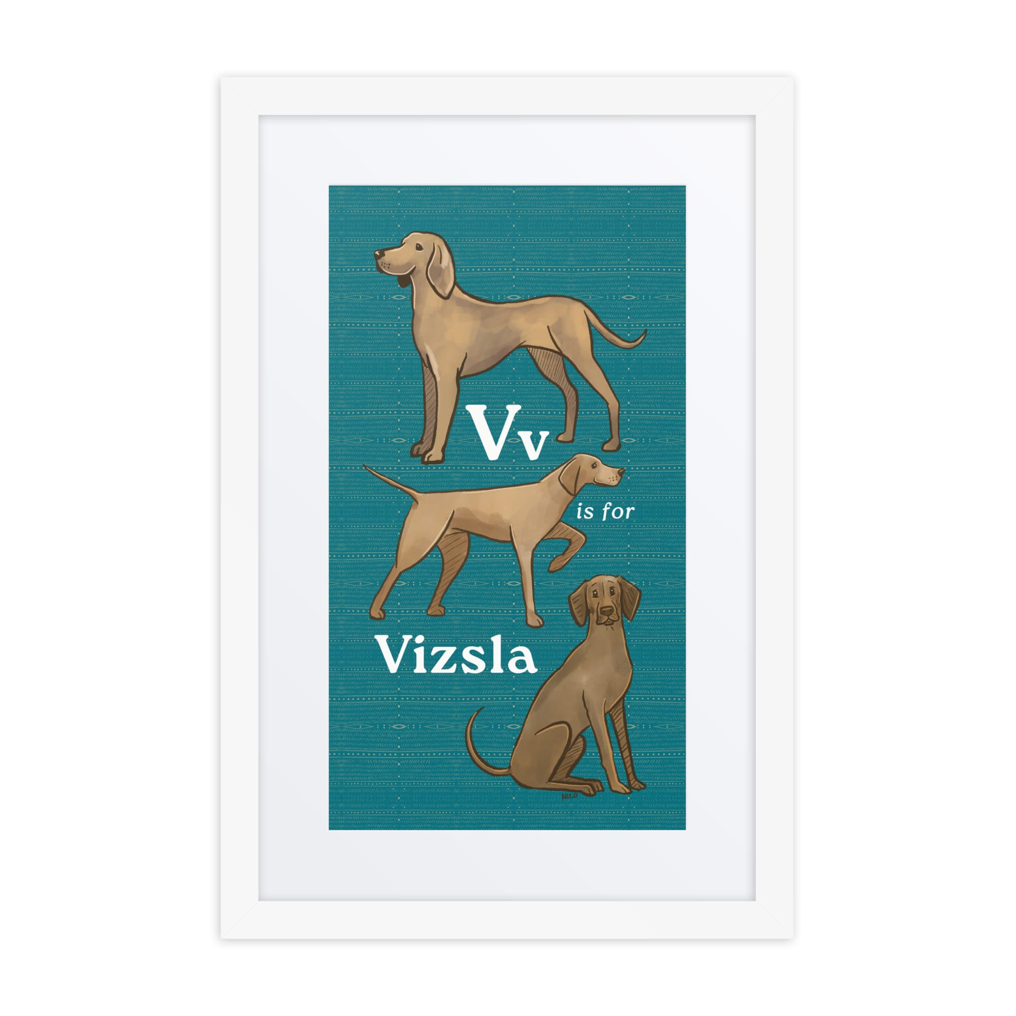 White V is for Vizsla - Framed Dog Alphabet Print for Kids Room